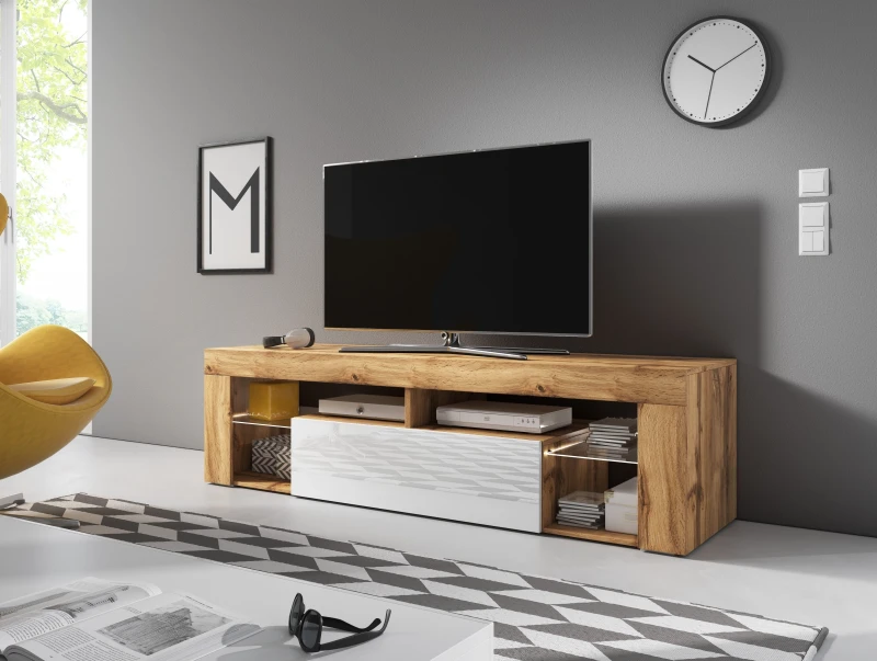 Szafka RTV Everest 140 cm z oświetleniem LED dąb wotan/biały połysk