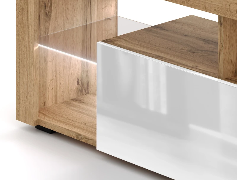 Szafka RTV Everest 140 cm z oświetleniem LED dąb wotan/biały połysk
