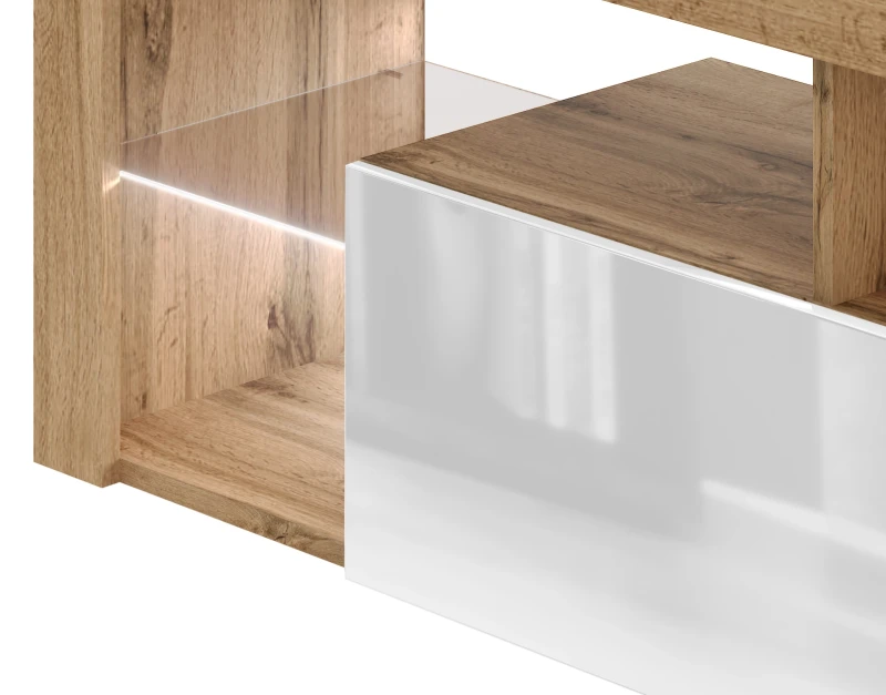 Szafka RTV Everest 140 cm z oświetleniem LED dąb wotan/biały połysk