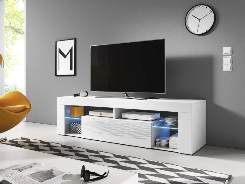 Szafka RTV Everest 140 cm z oświetleniem LED biały/biały połysk