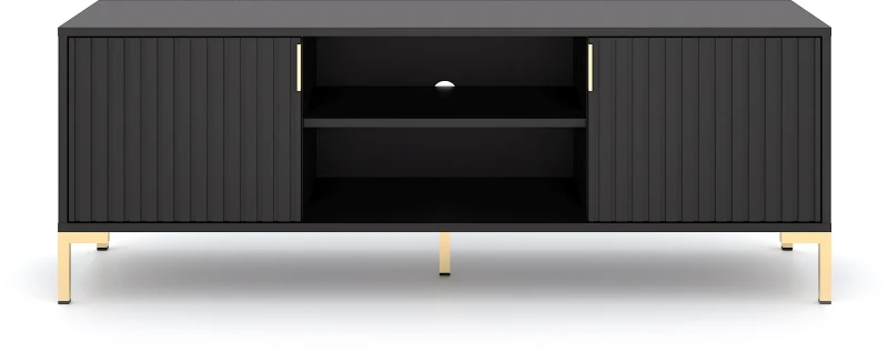 Szafka RTV Flinn 140 cm stojąca/wisząca dwudrzwiowa czarny mat/złote elementy