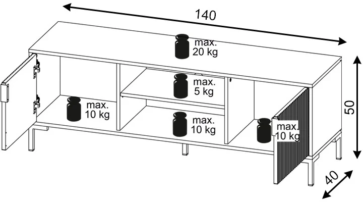 Szafka RTV Flinn 140 cm stojąca/wisząca dwudrzwiowa czarny mat/złote elementy