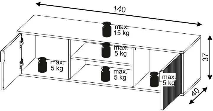 Szafka RTV Flinn 140 cm stojąca/wisząca dwudrzwiowa biały mat/złote elementy