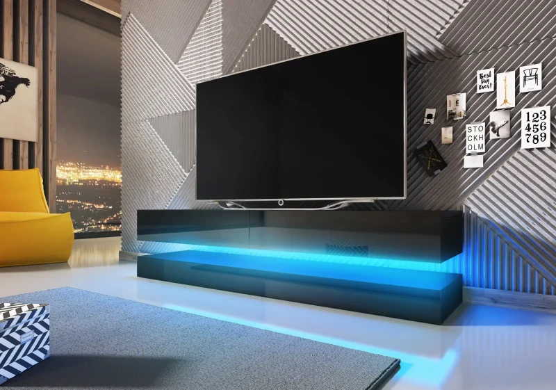 Szafka RTV Fly 140 cm z LED czarny mat/czarny wysoki połysk