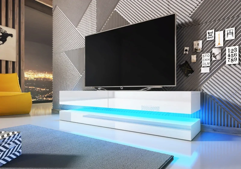 Szafka RTV Fly 140 cm z LED biały mat/biały wysoki połysk