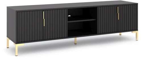 Szafka RTV Flinn 165 cm czterodrzwiowa ryflowane fronty czarny mat/złote elementy