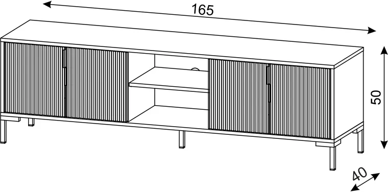 Szafka RTV Flinn 165 cm czterodrzwiowa ryflowane fronty biały mat/złote elementy