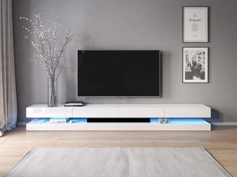 Szafka RTV Fly Double 280 cm z oświetleniem LED biały/biały połysk