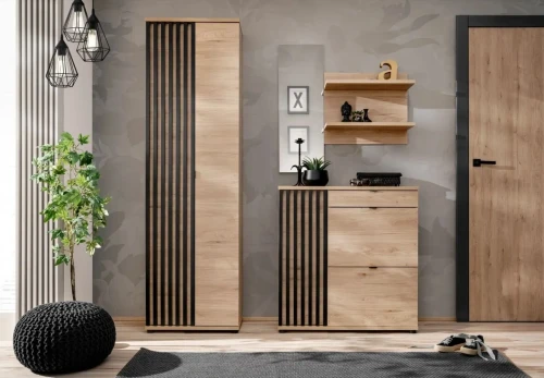Zestaw mebli do przedpokoju Pedro III z dwudrzwiową szafą hickory jackson/czarny