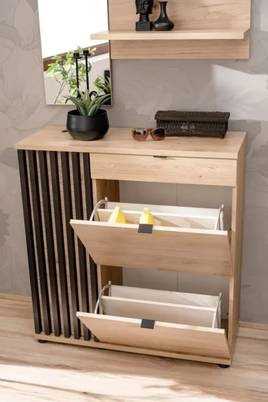 Zestaw mebli do przedpokoju Pedro III z dwudrzwiową szafą hickory jackson/czarny