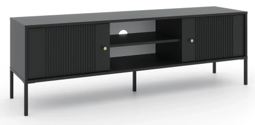 Szafka RTV Iseo 155 cm frezowane fronty czarna/czarne nogi/złote uchwyty