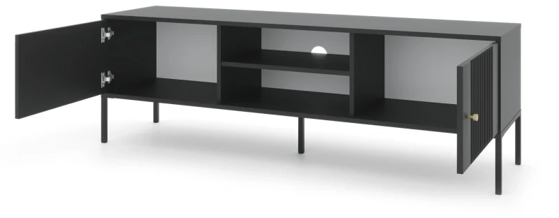 Szafka RTV Iseo 155 cm frezowane fronty czarna/czarne nogi/złote uchwyty