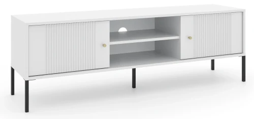 Szafka RTV Iseo 155 cm frezowane fronty biała/czarne nogi/złote uchwyty