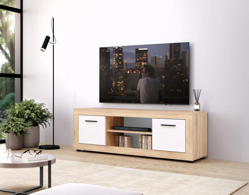 Szafka RTV Luna 140 cm dwudrzwiowa z półką dąb sonoma/biały