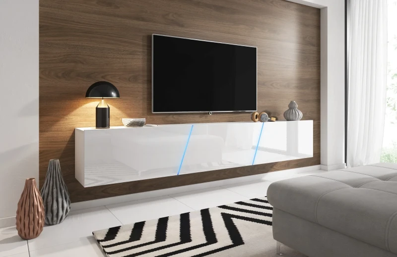 Szafka RTV Slant 240 cm stojąca/wisząca z oświetleniem LED biały mat/biały połysk