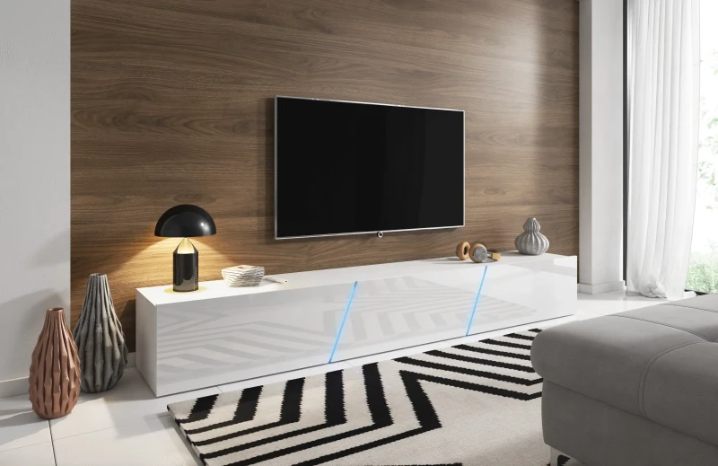 Szafka RTV Slant 240 cm stojąca/wisząca z oświetleniem LED biały mat/biały połysk