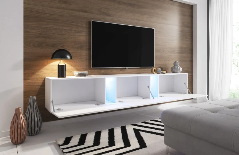 Szafka RTV Slant 240 cm stojąca/wisząca z oświetleniem LED biały mat/biały połysk