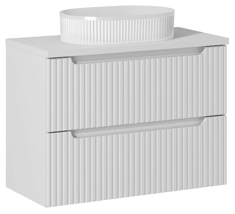 Zestaw mebli łazienkowych NOVA WHITE szafka 80 cm 2 szuflady z białym blatem 80 cm - aranżacja z umywalką nablatową