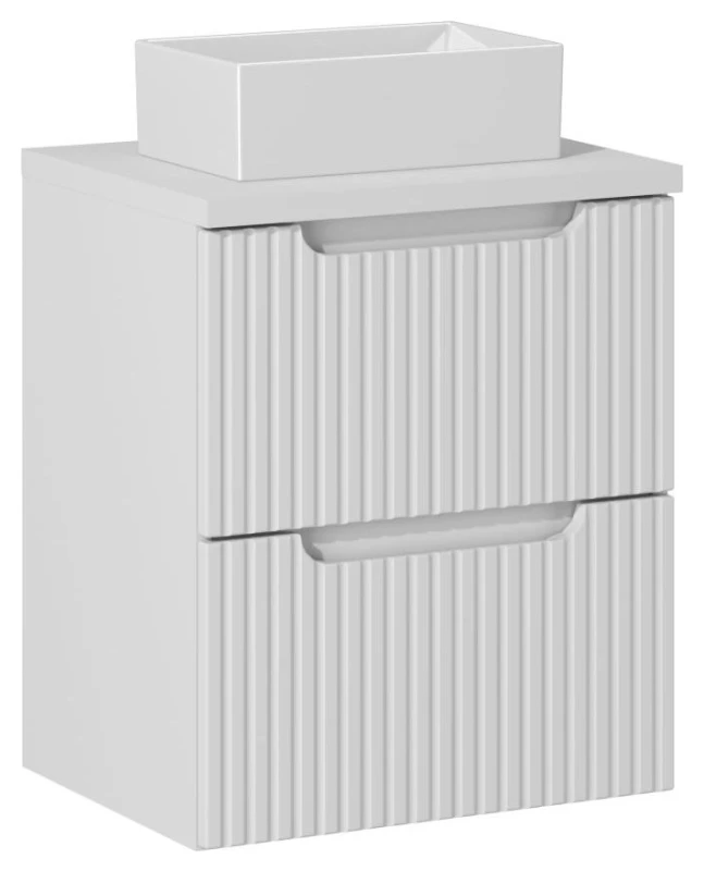 Zestaw mebli łazienkowych NOVA WHITE szafka 50 cm 2 szuflady z białym blatem 50 cm - aranżacja z umywalką nablatową