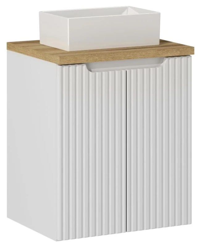 Zestaw mebli łazienkowych NOVA WHITE szafka 50 cm z blatem dąb 50 cm - aranżacja z umywalką nablatową