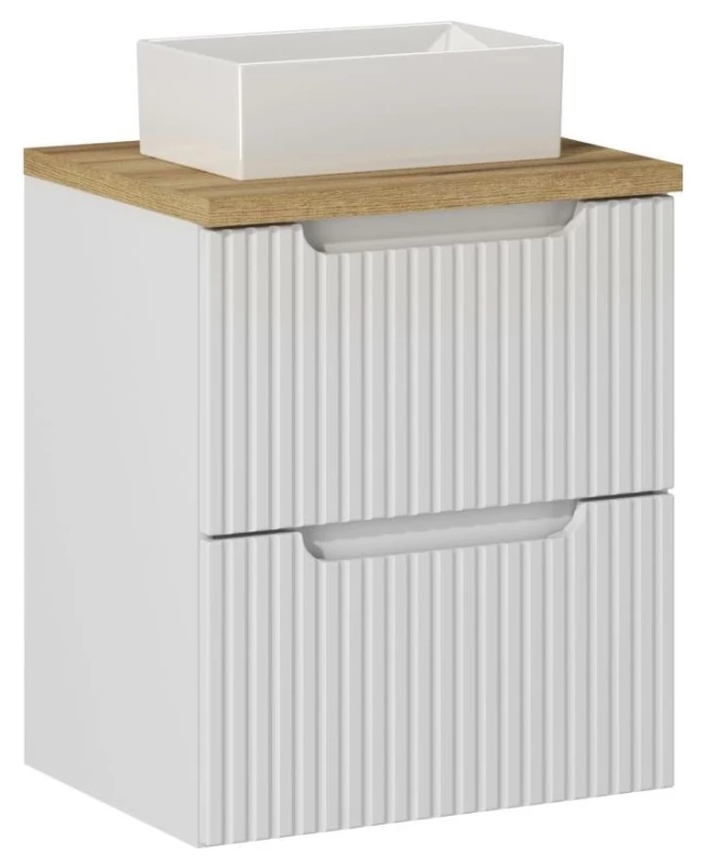 Zestaw mebli łazienkowych NOVA WHITE szafka 50 cm 2 szuflady z blatem dąb 50 cm - aranżacja z umywalką nablatową