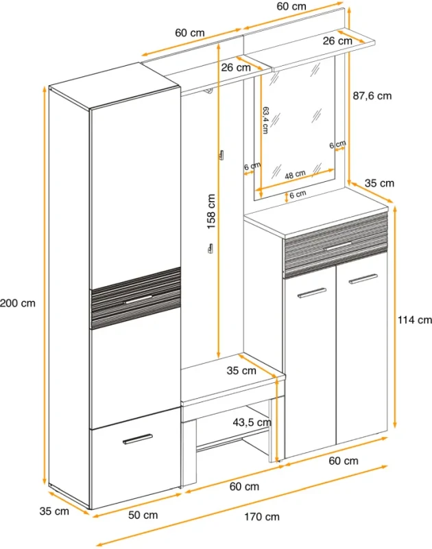 Zestaw mebli do przedpokoju Gustavo VIII pięć elementów dąb wellington/biały połysk