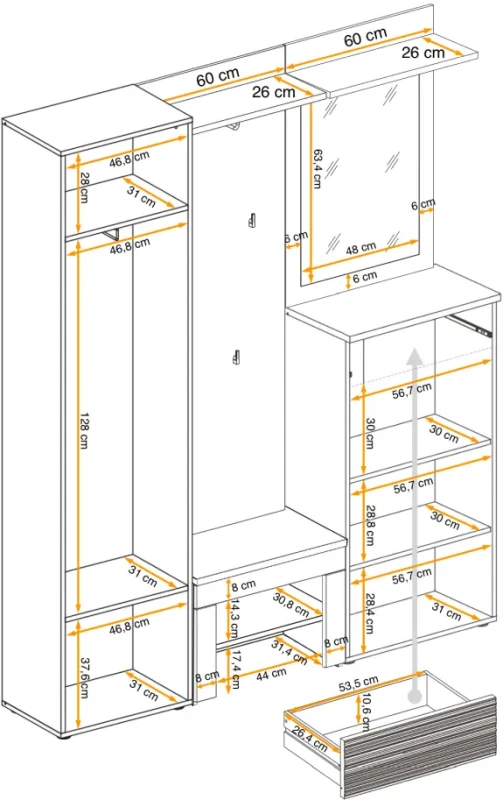 Zestaw mebli do przedpokoju Gustavo VIII pięć elementów dąb wellington/biały połysk