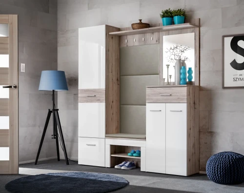 Zestaw mebli do przedpokoju Gustavo VIII pięć elementów dąb wellington/biały połysk