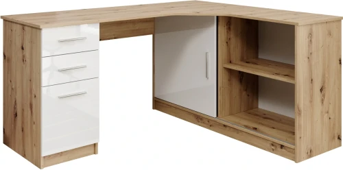 Biurko narożne Robert 150 cm lewe z szufladami dąb artisan/biały połysk