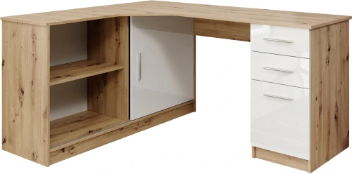 Biurko narożne Robert 150 cm prawe z szufladami dąb artisan/biały połysk
