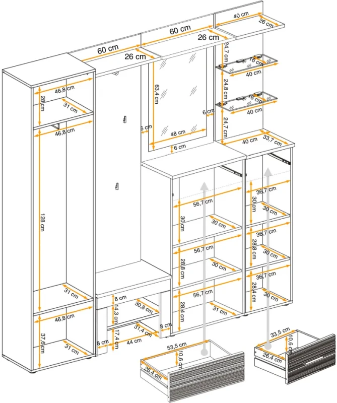Zestaw mebli do przedpokoju Gustavo IX sześć elementów dąb wellington/biały połysk