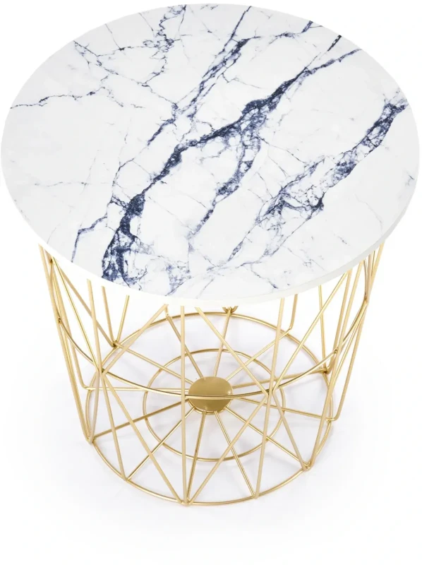 Ława okrągła Harrisa_G 42cm z funkcją pojemnika biały marmur/złoty