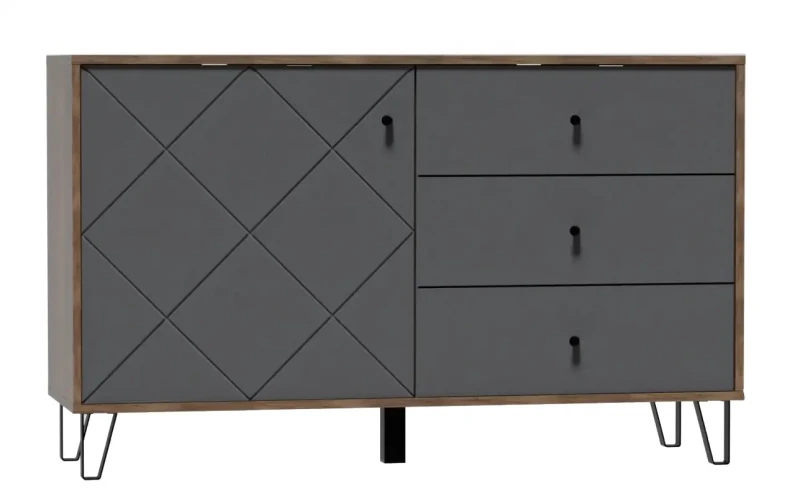Komoda Bilbao 123 cm jednodrzwiowa z szufladami dąb craft tobacco/grafit mat