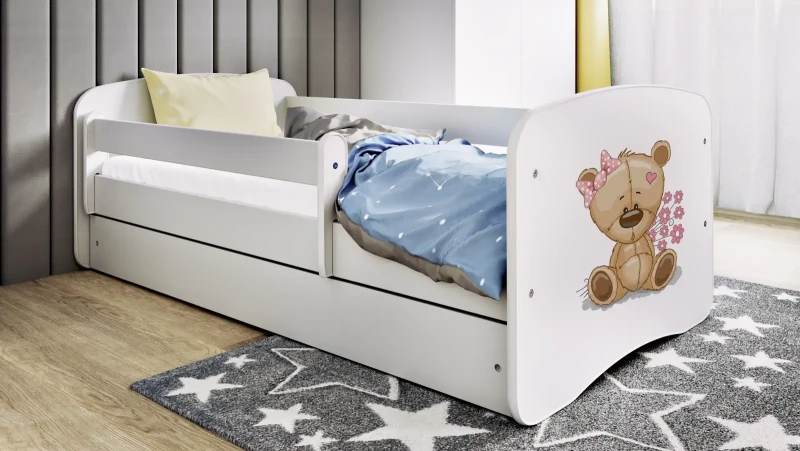 Łóżeczko dla dziewczynki 160x80 BABYDREAMS - miś z kwiatkami