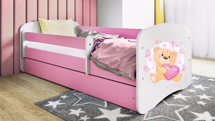 Łóżeczko dla dziewczynki 160x80 BABYDREAMS - miś z serduszkiem