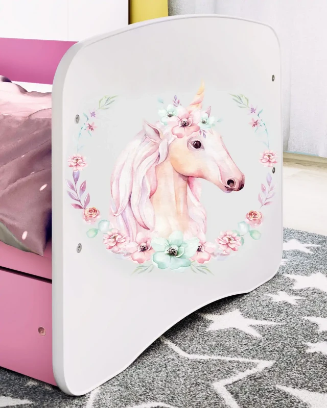 Zestaw mebli dziecięcych dla dziewczynki z łóżkiem 160x80 BABYDREAMS - konik - jednorożec
