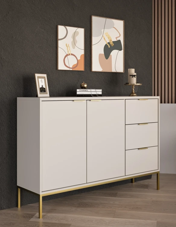 Komoda Austin 150 cm z 3 szufladami do salonu kaszmir/złoty