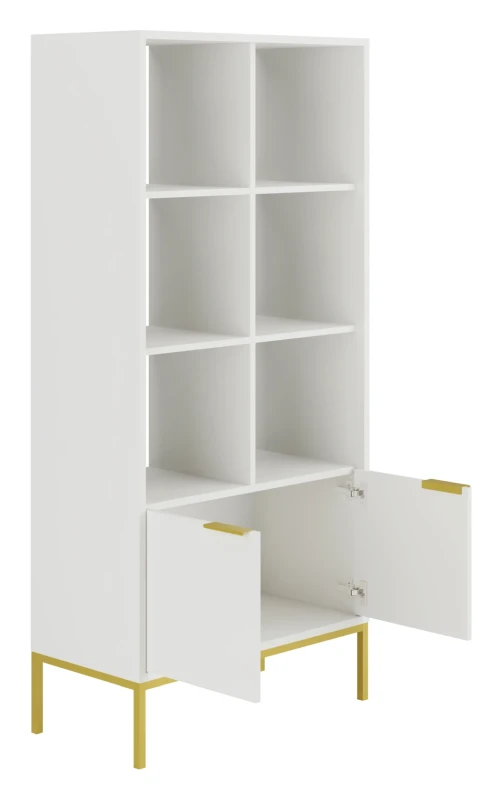 Regał Austin 80 cm z 2 zamykanymi szafkami do salonu biały/złoty