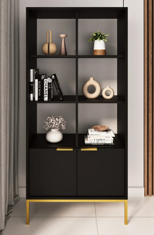 Regał Austin 80 cm z 2 zamykanymi szafkami do salonu czarny/złoty