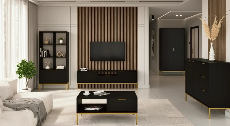 Regał Austin 80 cm z 2 zamykanymi szafkami do salonu czarny/złoty