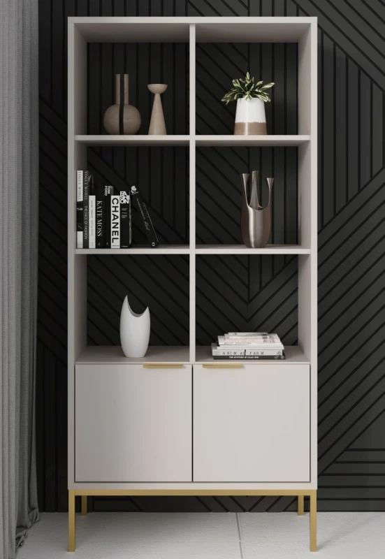 Regał Austin 80 cm z 2 zamykanymi szafkami do salonu kaszmir/złoty