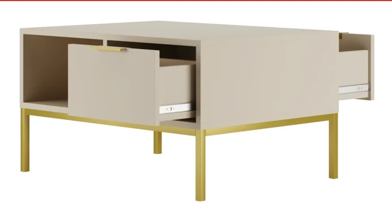 Stolik kawowy Austin 80 cm z 2 szufladami do salonu kaszmir/złoty
