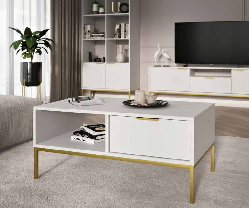 Stolik kawowy Austin 80 cm z 2 szufladami do salonu biały/złoty