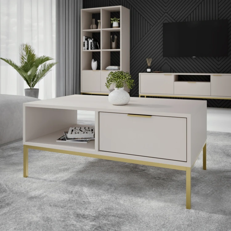 Stolik kawowy Austin 80 cm z 2 szufladami do salonu kaszmir/złoty