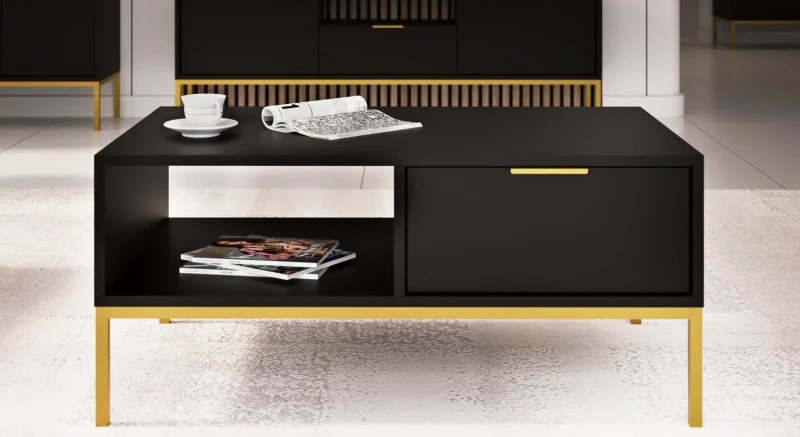 Stolik kawowy Austin 100 cm z 2 szufladami do salonu czarny/złoty