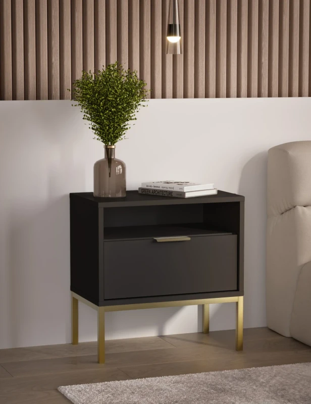 Szafka nocna Austin 55 cm z szufladą do sypialni czarny/złoty