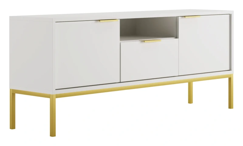 Szafka RTV Austin 135 cm dwudrzwiowa z szufladą do salonu biały/złoty