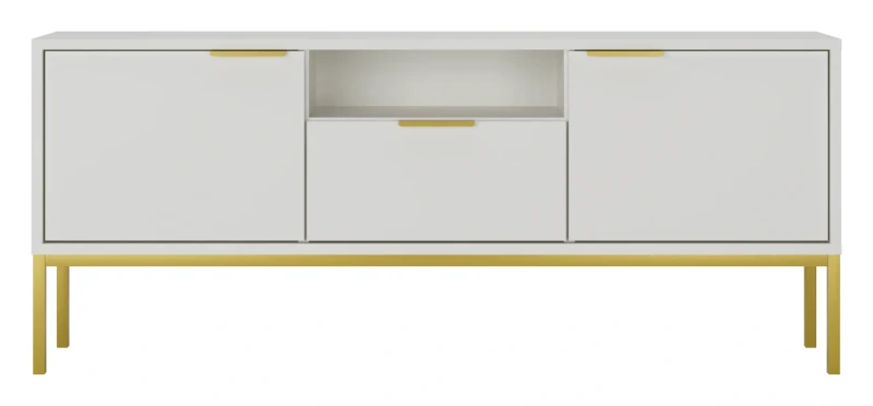 Szafka RTV Austin 135 cm dwudrzwiowa z szufladą do salonu biały/złoty