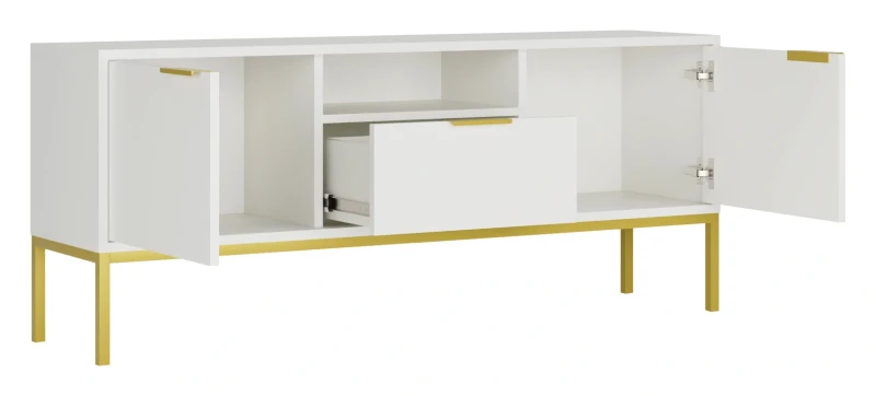 Szafka RTV Austin 135 cm dwudrzwiowa z szufladą do salonu biały/złoty