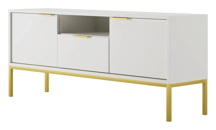 Szafka RTV Austin 135 cm dwudrzwiowa z szufladą do salonu biały/złoty